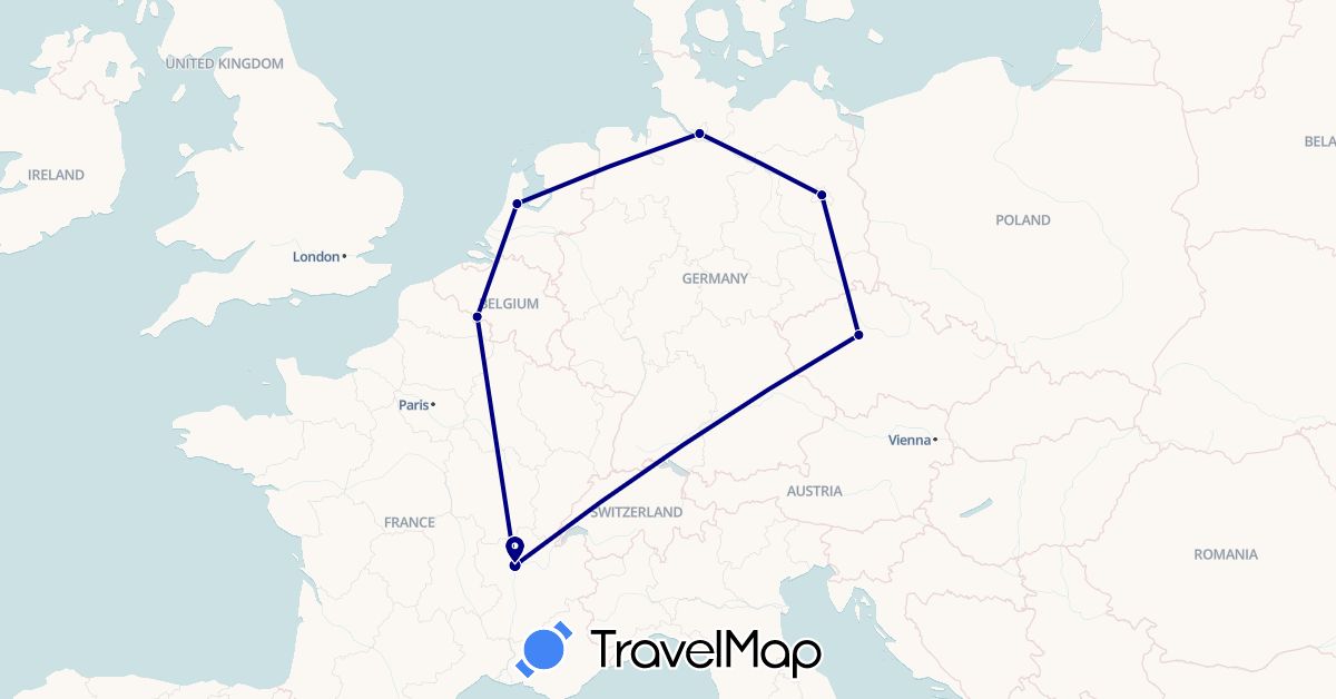 TravelMap itinerary: driving in Belgium, Czech Republic, Germany, France, Netherlands (Europe)